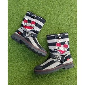 Women's Skechers Boots Black & Grey Canvas Mid Calf Heart Angel Wings ~  7.5M